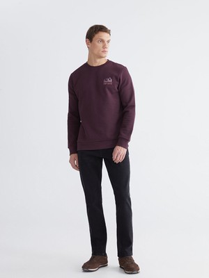 LC Waikiki Mürdüm Bisiklet Yaka Baskılı Erkek Kalın Sweatshirt
