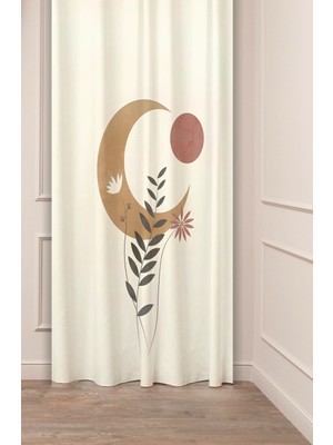Greendecor Bohem Ay Yaprak Güneş Desenli Dijital Baskılı Fon Perde (Tek Kanat) Modern Tasarımlı  Fon Perde
