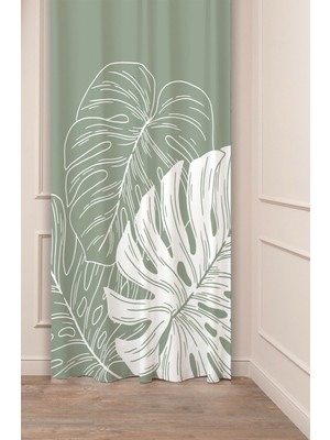 Greendecor Yeşil Yaprak Bohem Desenli Dijital Baskılı Fon Perde (Tek Kanat) Modern Tasarımlı Soft Renk Perde