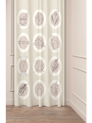 Greendecor Minimalist Soft Sade Pastel Yaprak Bohem Özel Tasarım Dijital Baskılı (Tek Kanat) Bej Krem Fon Perde