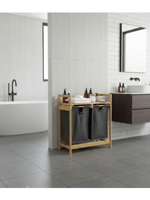 Crealisol %100 Doğal Bambu 2 Bölmeli Kirli Çamaşır Sepeti ve Banyo Düzenleyici Raf