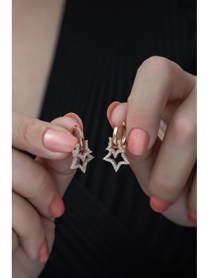 Nereze 925 Ayar Rose Çift Yıldız Küpe Kadın Gümüş Küpe