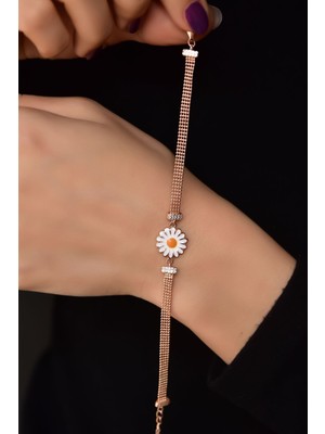 Normadia 925 Ayar Gümüş Rose Kaplama Mineli Papatya Bileklik