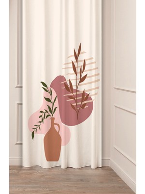 Greendecor Yaprak Vazo Bohem Minimalist Bej Krem Desenli Özel Tasarım Dijital Baskılı (Tek Kanat) Şık Fon Perde