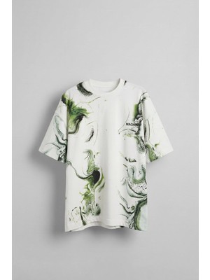 Abluka Online Erkek Oversize Desen Baskılı Premium T-Shirt Beyaz
