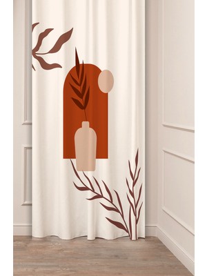 Greendecor Yaprak Vazo Bohem Minimalist Bej Krem Desenli Özel Tasarım Dijital Baskılı (Tek Kanat) Şık Fon Perde