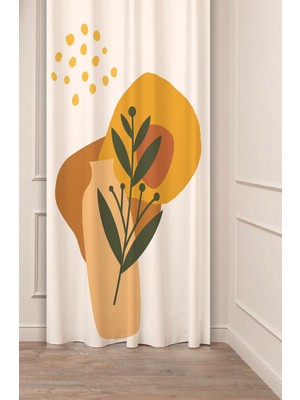 Greendecor Yaprak Vazo Bohem Minimalist Bej Krem Desenli Özel Tasarım Dijital Baskılı (Tek Kanat) Şık Fon Perde