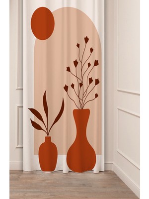 Greendecor Vazo Yaprak Bohem Minimalist Bej Krem Desenli Özel Tasarım Dijital Baskılı (Tek Kanat) Şık Fon Perde