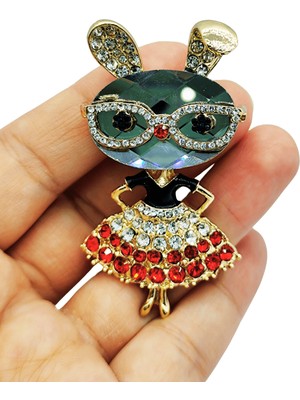 BB Bi Butik Shop Taşlı Gözlüklü Kız Figürlü Metal Broş – Işıltılı Çanta Ceket Yaka Aksesuarı
