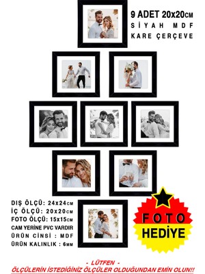 9 Adet 20X20 Çerçeve - Mdf Çerçeve - Fotoğraf Çerçevesi - Kare Çerçeve