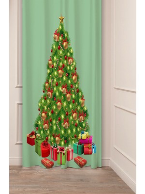 Greendecor Yılbaşı Çam Ağacı Noel Ağacı Kar Yeni Yıl Christmas Desenli Özel Tasarımlı Dijital Baskılı Fon Perde