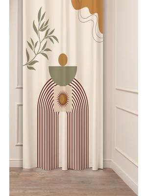 Greendecor Yaprak Bohem Minimalist Pastel Bej Krem Desenli Özel Tasarım Dijital Baskılı (Tek Kanat) Fon Perde