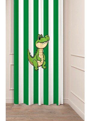 Greendecor Yeşil Beyaz Timsah Özel Tasarım Desenli Dijital Baskılı (Tek Kanat) Çocuk Odası Modern Fon Perde