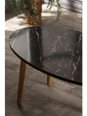 Sepetink Orta Sehpa Ahşap Torna Elips Siyah Mermer Desen