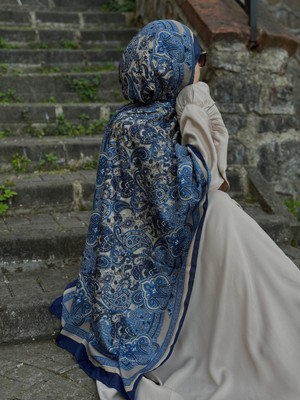 Qalortex Scarf Pamuklu Etnik Desen Şal-Lacivert/vizon