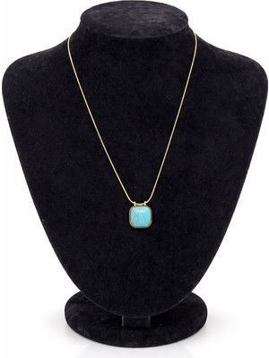 Pangu Mavi Kare Taşlı Altın Renk Çelik Kolye