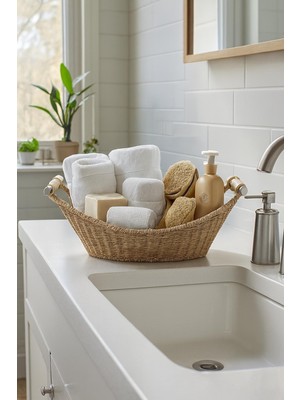 İliva Ahşap Kulp Detaylı Rattan Hasır Organizer Sepet Ekmeklik Meyvelik Banyo ve Masa Düzenleyici