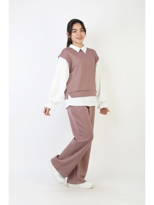 Modanino Kız Çocuk 3'lü Takım - Double Face Kumaş-Taş Süslemeli ve Geniş Paçalı 12509