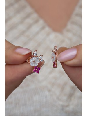 Normadia 925 Ayar Gümüş Pembe Yonca ve Manolya Çiçekli Şık Küpe