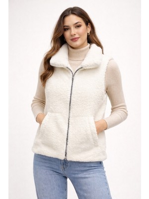 Pengora Welsoft Kuzu Desen Peluş Kadın Yelek Astarlı Çift Cepli Rahat Kalıp