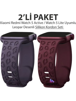 Dexmon Xiaomi Redmi Watch 5 Active / Watch 5 Lite Uyumlu Leopard Desenli 2'li Paket Silikon Kordon Seti