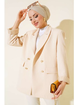 Tesettür Diyarı Kruvaze Yaka Düğmeli Blazer Tesettür Ceket- Krem
