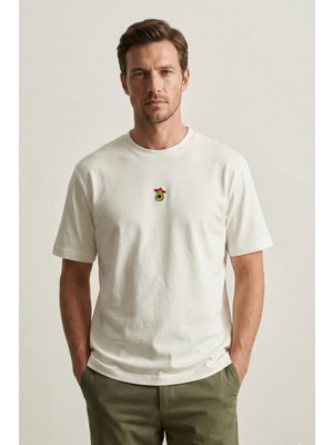 Elemge %100 Pamuk Compact Penye Süprem Ekru Avakado Nakışlı Trend Fit Erkek Tok Kumaş T-Shirt Rahat Kesim