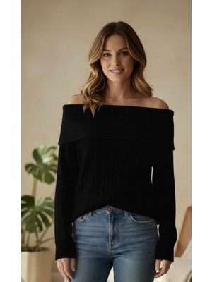 Abba1 Yumuşak Dokulu Degaje Madonna Yaka Fitilli Triko Kazak