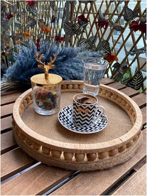 Aura Design Ahşap Hasır Dekoratif Sepet Mutfak Sunumluk Tepsi Modeli Çap 27 cm Muja Dec