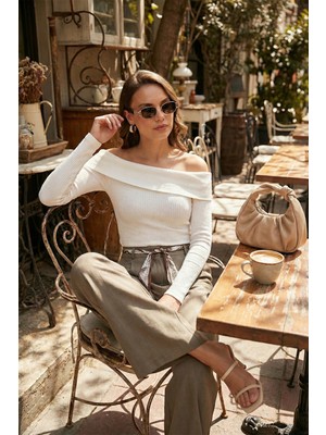 Lela Regular Fit Yüksek Bel Düz Paça Fular Kemerli Pantolon Bayan Pantolon 6923860