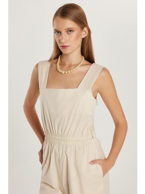 Tudors Kadın Slim Fit Dar Kesim Beli Lastikli Bol Paça Askılı Yaka bej Tulum 