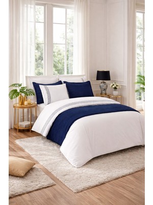 Özdilek Runnerlı Çift Kişilik Nakışlı Velvet Pikeli Gelin Seti - Lacivert