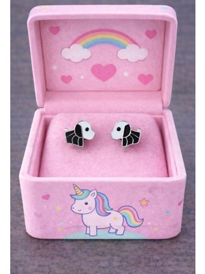 miraç gümüş takı atölyem 925 Ayar Gümüş Köpek Detaylı Mineli Çocuk Küpesi