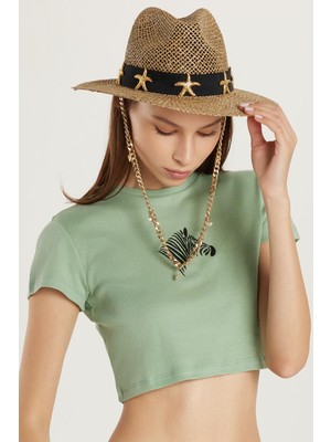 Tudors Kadın Slim Fit Dar Kesim %100 Pamuk Bisiklet Yaka Baskılı Haki Crop Tişört