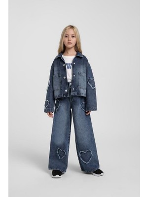 Escabel Kız Çocuk Kalp Işlemeli Denim Pantolon 4-9 Yaş Mavi