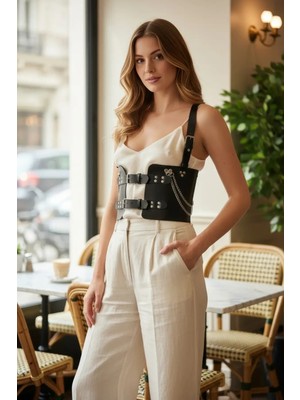 Çamaşır Kenti Siyah Kadın Kemer Korse Kesimli Zincir Detaylı - CMSR1300