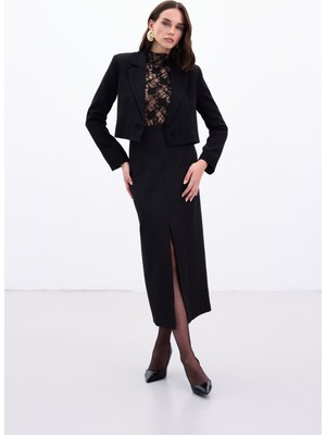 Sateen Yırtmaçlı Midi  Etek - Siyah