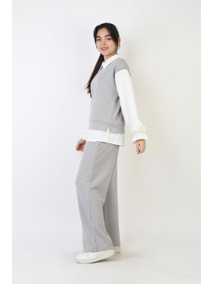 Modanino Kız Çocuk 3'lü Takım - Double Face Kumaş-Taş Süslemeli ve Geniş Paçalı 12509