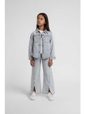 Escabel Kız Çocuk Taşlı Yırtmaçlı Denim Pantolon 4-14 Yaş Mavi