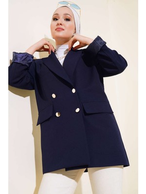 Tesettür Diyarı Kruvaze Yaka Düğmeli Blazer Tesettür Ceket- Lacivert