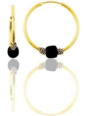 Normadia Siyah Taşlı 17MM Yaldızlı Gümüş Halka Küpe, Zarif ve Şık Tasarım