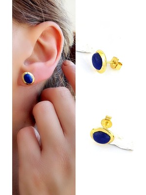 Normadia Doğal Lapis Lazuli Taşlı 925 Ayar Gümüş Altın Kaplamalı Oval Küpe