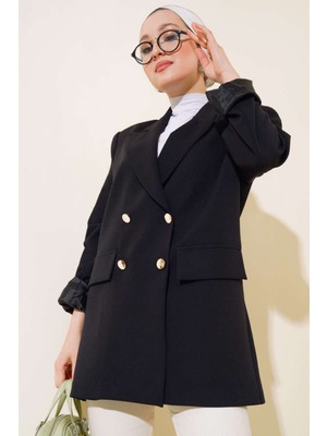 Tesettür Diyarı Kruvaze Yaka Düğmeli Blazer Tesettür Ceket- Siyah