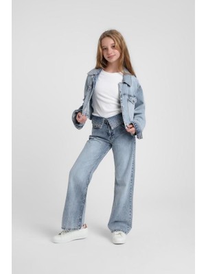 Escabel Kız Çocuk Bel Detaylı Denim Pantolon 9-14 Yaş Mavi