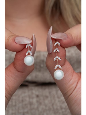 Normadia Kadınlar Için 925 Ayar Gümüş Rose Kaplama Sallantılı Inci Küpe