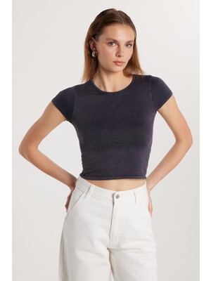 Tudors Kadın Slim Fit Dar Kesim Düz Basic Bisiklet Yaka Antrasit Tişört