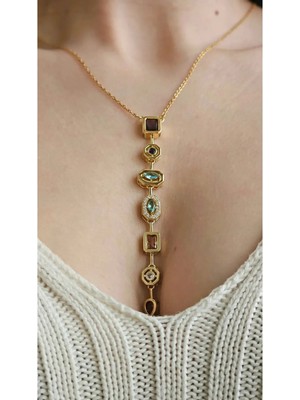 Normadia Çok Renkli Taşlı Gold Çelik Y Kolye, Zircon Detaylı, Şık ve Dayanıklı