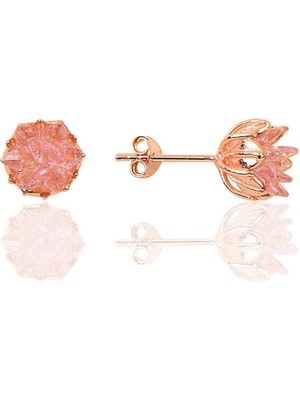 Normadia Pembe Taşlı Gümüş Lotus Çiçeği Modeli Şık Küpe