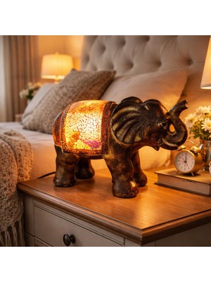 Mozaik Fil Tasarım Polyester Masa Lambası – Otantik Dekoratif Gece Lambası, Sıcak Işık Veren Ortam Aydınlatma