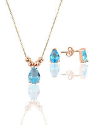 Normadia Gümüş Rose ve Akuamarin Renkli Damla Kolye ve Çivi Modeli Küpe Seti
